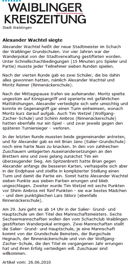 Schachmeisterschaften Waiblinger Grundsch&uuml;ler 2010